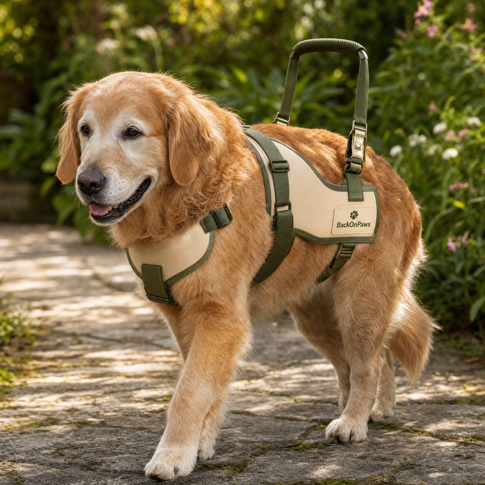 A senior golden retriever wearing the BackOnPaws mobility harness, walking on a garden path