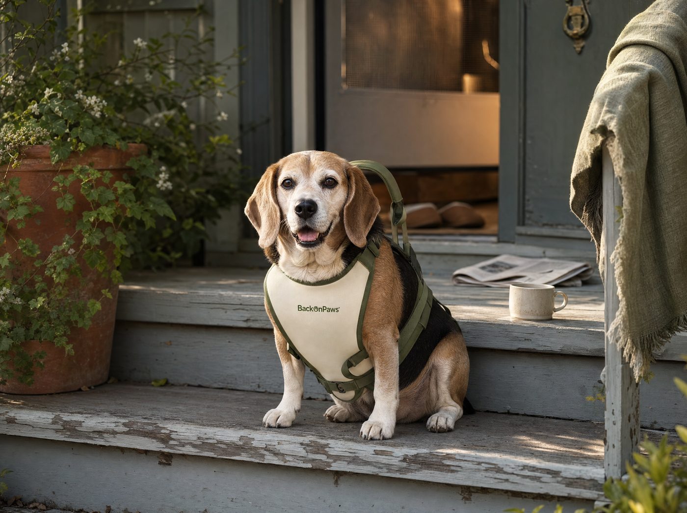 A small senior beagle wearing a BackOnPaws mobility harness sized for small dogs, sitting on a porch step